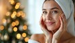 © Pete - Festive winter skincare routine for glowing, hydrated skin. Woman enjoys pampering with facial treatment. Natural nourishment, rejuvenation, relaxation with essential ingredients for youthfulness,