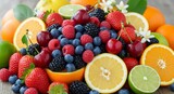 A vibrant medley of fresh fruits, including juicy oranges, vibrant berries, and sweet cherries, creates a colorful and healthy display.