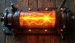 © Pete - Glowing steampunk device with orange energy discharge in glass cylinder. Metal housing with bolts, rivets. Wooden background adds vintage, industrial texture. Futuristic contraption generates bright