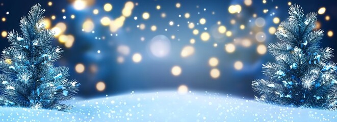 Snow-covered pine trees in a winter landscape with glowing bokeh lights in the background