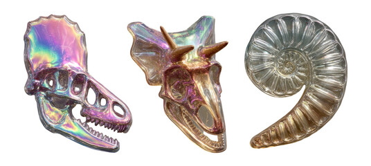 Iridescent Fossil Skull and Shell Sculptures on Transparent Background