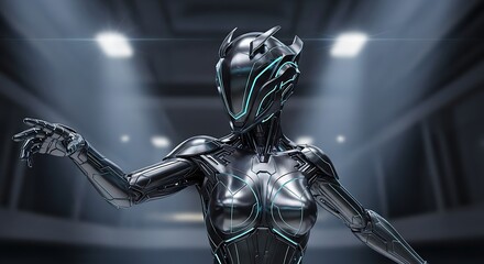 A metallic, futuristic robot woman with glowing accents, stands in a dimly lit, technological setting.