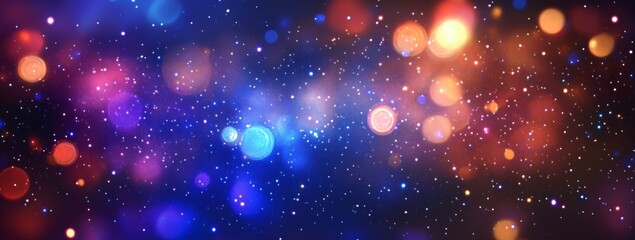 Abstract cosmic background with colorful bokeh lights and star-like particles
