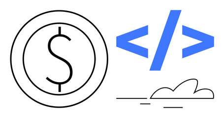 Dollar sign within a circle, coding brackets, and cloud shape. Ideal for finance, technology, innovation, cloud computing, programming business strategy software development. Simple flat metaphor
