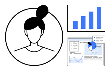 Wall Mural - Female profile silhouette, bar graph, and detailed digital dashboard with charts and pie chart visualization. Ideal for data analytics, team management, digital marketing, HR insights, education