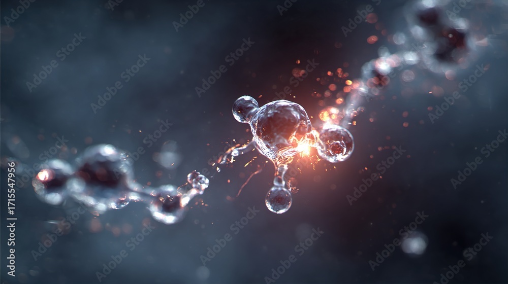 submicroscopic. A single, complex, glowing molecule emerges from a dark ...
