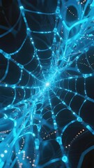 Glowing blue spider web with intricate patterns and luminous nodes against a dark background