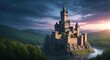 © DARYATIK - Majestic medieval castle perched on a rocky island amidst a serene forest landscape at sunset