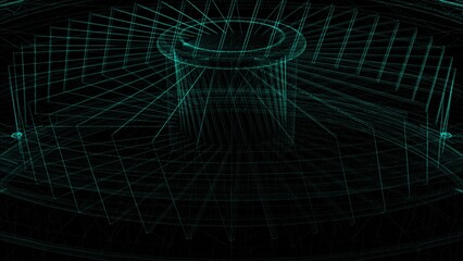 Wall Mural - Futuristic Wireframe Structure with Geometric Lines and Glowing Blue Grid