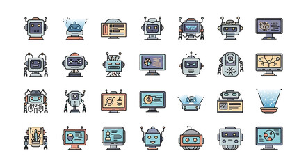 Collection of Diverse Robot Icons and Futuristic Technology Concepts