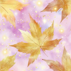 Wall Mural - Golden maple leaves on a dreamy purple and pink background with sparkling lights.