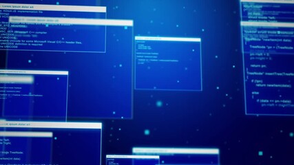 Futuristic animation of programming code screens in motion, representing software development and digital technology