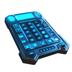 Close up of a futuristic device with a blue glowing screen and multiple buttons