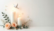 © Pete - Elegant funeral flyer features burning candles, soft peach roses, green foliage, delicate white flowers. White dove takes flight against serene, muted background, peace, remembrance. Ideal for