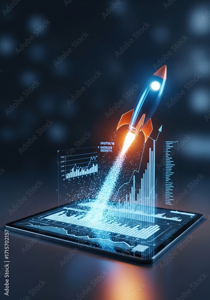 Digital Business Growth Rocket Launching from Tablet with Data Charts ...