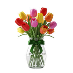 3d vibrant tulip bouquet in clear glass vase realistic floral arrangement isolated on transparent background