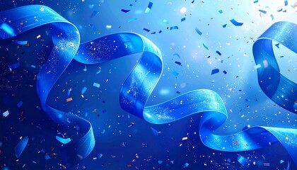 Wall Mural - Blue confetti and blue ribbon on white background
