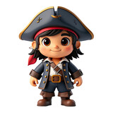 Cartoon pirate child, smiling, wearing a navy captain's hat and jacket, with a red bandana