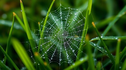 An ultra-realistic, high-detail close-up of dew-kissed spiderwebs glistening on emerald green grass, macro photography style, with a shallow depth of field