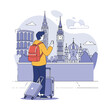 © andri - A 2D flat vector illustration shows a digital nomad with luggage and a smartphone, looking at a distant European landmark, ready for a new adventure.
