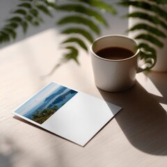 Wall Mural - postcard mockup on desk, travel-themed design, morning light, cozy workspace