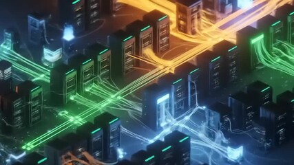 Abstract isometric data center server farm network communication background visuals