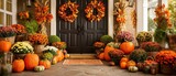 Elegant autumn porch decorated with pumpkins colorful mums and fall foliage for seasonal harvest celebration inviting entrance