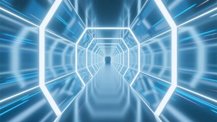 Futuristic illuminated tunnel with glowing blue lines and hexagonal structure