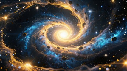 Spiral galaxy with glowing nebulae, stars, and cosmic dust in deep space
