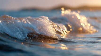Wall Mural - ocean waves background with soft sunset reflections and golden light