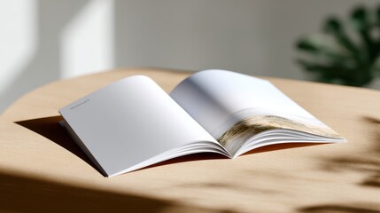 Wall Mural - brochure mockup open on desk, professional layout, clean background, soft light