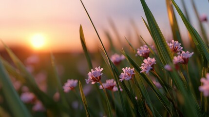 Wall Mural - soft sunset meadow background with flowers, grass, and warm light