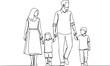 © MDKHURSHED - Create continuous single line drawing of mother and father with two children walking hand in hand, family line art vector illustration on white Background.