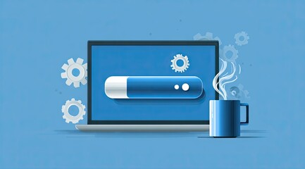 Modern Computer System with Coffee Cup and Gears.