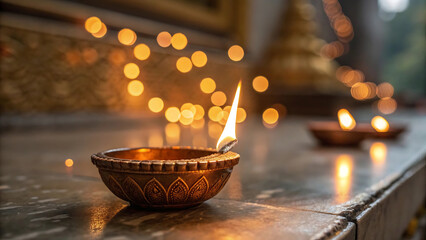 Wall Mural - Close up of a traditional clay diya oil lamp lit with a flame glowing softly on a textured surface with bokeh lights