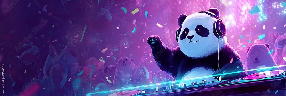 A playful panda DJ energizes a vibrant party with colorful lights and confetti.