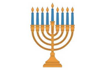 Wall Mural - A nine-branched menorah, a traditional symbol of Hanukkah, with blue candles and a gold frame, illuminated against a dark green backdrop. background removed