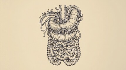  Stylized line art of digestive system in black and white on a beige background