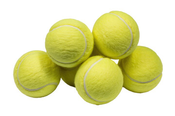 A pile of five yellow tennis balls with white seams, isolated on a transparent background. background removed