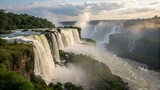 A beautiful scenic view of iguazu falls with lush greenery and mist under a cloudy sky at daytime