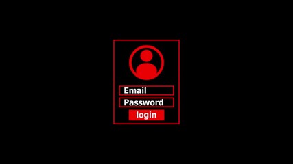 Simple login interface design with icon email and password fields and login button red color animation. black background 4k video.
