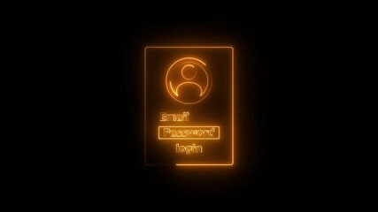 Simple login interface design with icon email and password fields and login button neon bright orange color animation. black background 4k video.

