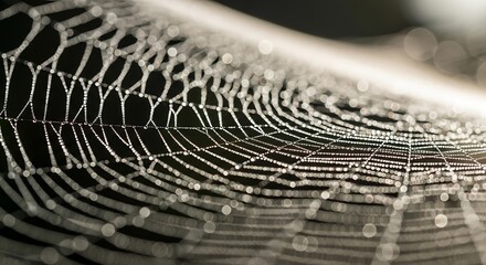 Dew kissed spiderweb, shimmering threads in early morning light