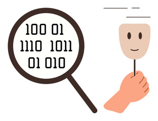 Magnifying glass analyzing binary code, hand holding mask with smiling face. Ideal for data security, coding, analysis, identity, privacy, AI cyber concepts. Simple flat metaphor