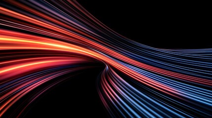 Wall Mural - The image features a dynamic abstract design with flowing lines that transition smoothly from vibrant reds and oranges to cool blues against a dark background, creating a sense of motion.