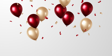 Wall Mural - Beautiful red and gold 3D balloons illustration background vector banner template for party celebration decoration.
