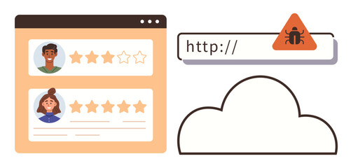 Browser window with user ratings, notification bar displaying malware warning, and cloud icon. Ideal for cybersecurity, digital safety, online reputation, system alerts, reviews, web monitoring