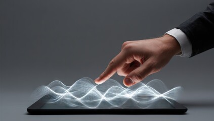Futuristic digital interface interaction with glowing data waves on tablet.