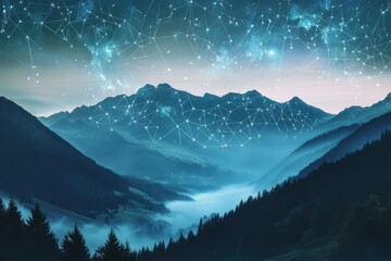 mystical night sky and mountain landscape nature digital art tranquil environment wide view cosmic c