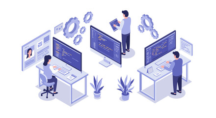 Teamwork on coding project with developers in modern workspace